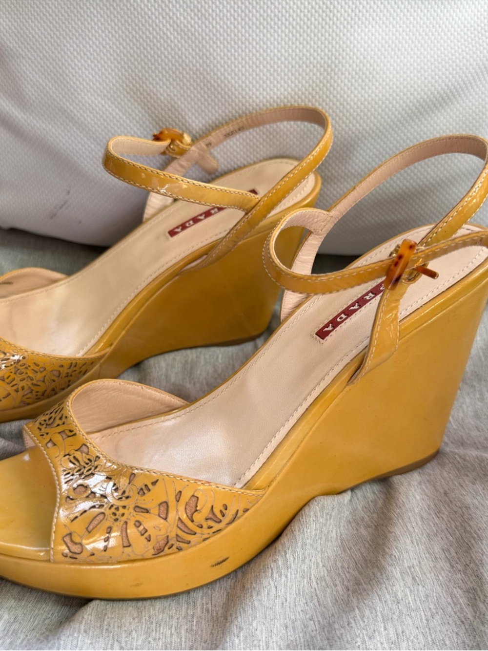 Prada Mustard Yellow Laser-Cut Leather Wedge Sandals